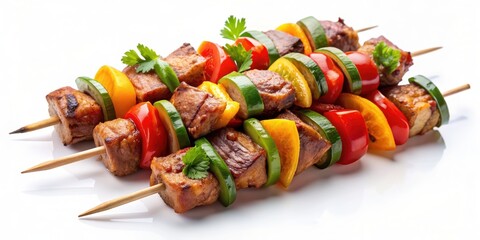 Shish kebab on skewers isolated on background, grilled, barbecue, kebab, skewer, delicious, meat, vegetables, tasty, meal