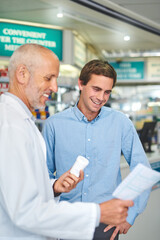 Poster - Pharmacy, customer and prescription with people in store for pills, insurance and medicine. Medical, help and antibiotic consulting with pharmacist in clinic for healthcare, drugstore and dispensary