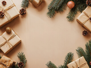 Christmas background with fir branches and cones