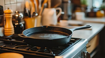 A shot of a well-used cast iron skillet resting on a stove, surrounded by various cooking utensils.