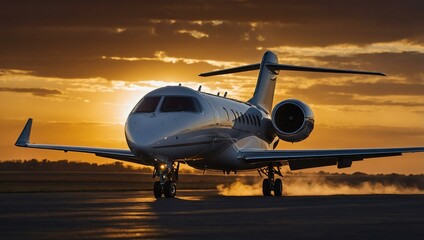 Wall Mural - Private jet landing at sunset, golden runway glow.