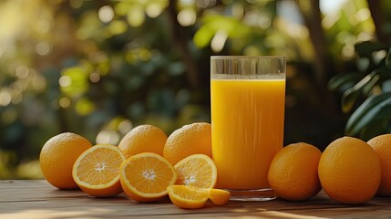 A vibrant glass of orange juice next to a pile of whole and sliced oranges, with a tropical outdoor background.