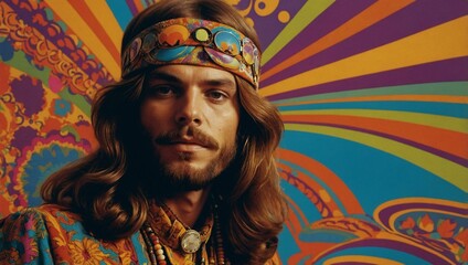 Psychedelic 1970s hippie poster, vibrant colors and retro patterns with a groovy vibe.