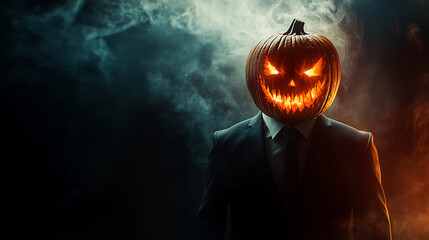 mage of pumpkin man have carved jack-o'-lantern for a head standing in suit against on dark background evoke sense of Halloween spookiness.