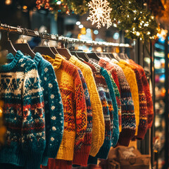 Colorful winter sweaters are displayed in stylish store showcase, creating warm and inviting atmosphere. vibrant patterns and textures evoke sense of holiday cheer and comfort