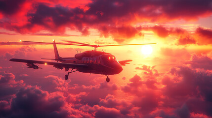 Wall Mural - Helicopter flying above the clouds at sunset.