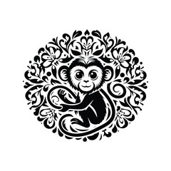 Wall Mural - monkey in folk art black and white silhouette illustration -