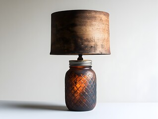 A rustic and charming table lamp with a mason jar base sitting alone on a clean white background showcasing its simple yet elegant design and natural textures