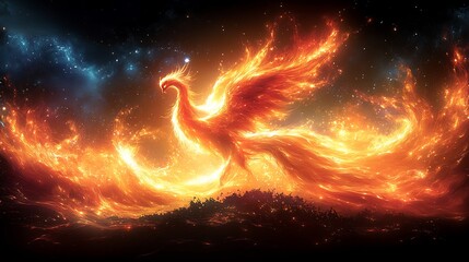 Wall Mural - Vector design of an abstract depiction of a fiery phoenix rising from the ashes with dynamic lines and bold fiery colors creating a sense of rebirth and strength