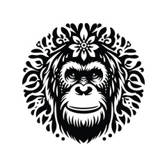 Wall Mural - orangutan monkey in folk art black and white silhouette illustration -