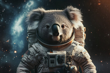 Wall Mural - A koala in an astronaut suit floating in space, blending animal imagery with a cosmic theme.