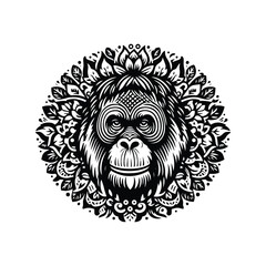 Wall Mural - orangutan monkey in folk art black and white silhouette illustration -