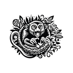 Wall Mural - Tarsier monkey in folk art black and white silhouette illustration -