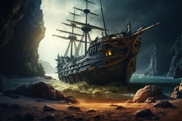 Wall Mural - Pirate shipwreck sailboat outdoors vehicle.