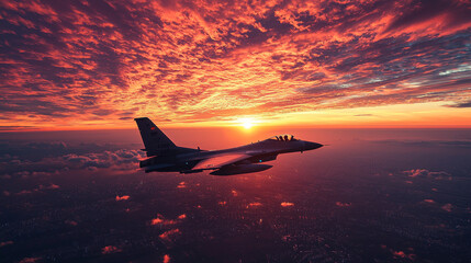 Wall Mural - Silhouette of a fighter jet flying above the clouds during sunset.