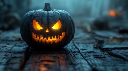 Poster - Jack O' Lantern Halloween pumpkin with a glowing, mischievous grin, carved with sharp, jagged edges, placed in a dark, misty forest