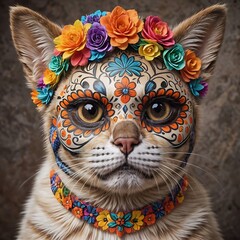 cat with colorful sugar skull face paint. Canine with festive Day of the Dead mask. Concept of celebration, Halloween, cultural tradition, pet costume, Dia de los Muertos makeup, celebration