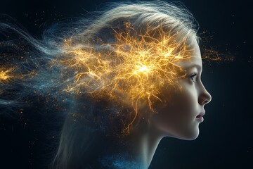 Wall Mural - Cognitive pathways neurodegeneration cerebral network and neural pathways young girl with neural glowing energy symbolizing imagination and the power of thought