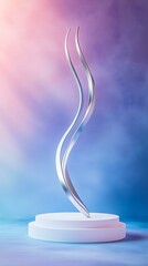 Wall Mural - Abstract Metallic Sculpture on White Pedestal with Gradient Background.