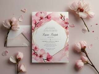 Spring watercolor invite with cherry blossom petals in soft pink and white, ideal for weddings.