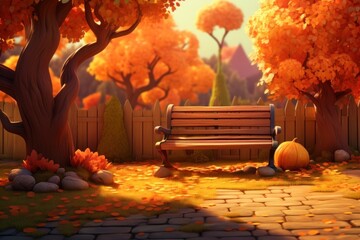 Wall Mural - Outdoors cartoon autumn bench.