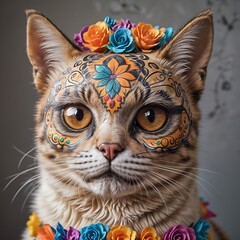 cat with colorful sugar skull face paint. Canine with festive Day of the Dead mask. Concept of celebration, Halloween, cultural tradition, pet costume, Dia de los Muertos makeup, celebration