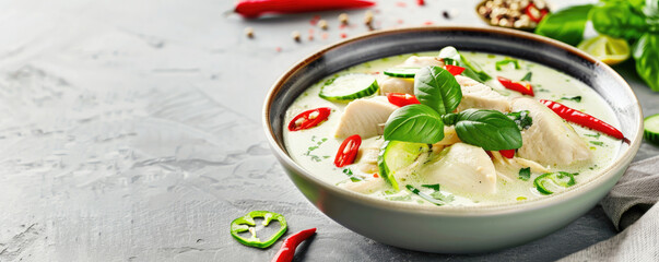 A flavorful bowl of creamy soup garnished with fresh herbs and spicy red chilies. Perfect for food lovers and culinary enthusiasts.