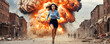 © vladnikon - A woman sprints down a city street engulfed in explosions and chaos, showcasing a dramatic survival instinct in a dangerous environment.