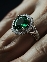 Emerald green gemstone ring close-up.