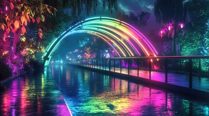 A glass bridge lit with colorful neon lights, arching over a sparkling river with vibrant reflections on the water. Fun and lively