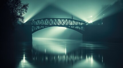 A grand iron bridge spanning across a river, illuminated by spotlights that cast long reflections on the shimmering water below. Majestic and powerful