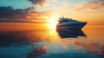 Sticker - Peaceful cabin cruiser cruising across a mirror-like ocean, with the golden glow of sunset on the horizon, creating a serene and reflective scene