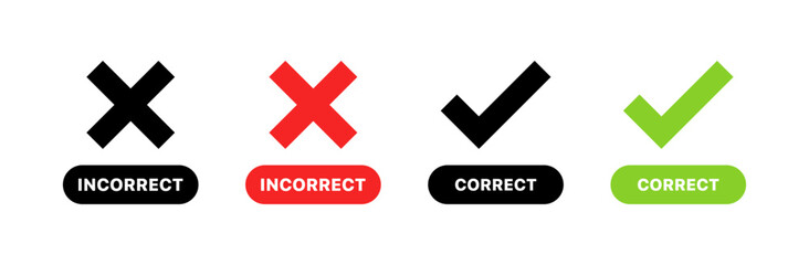 Correct and incorrect set icons. Silhouette and flat style. Vector icons.