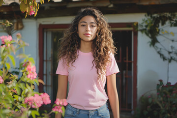 A young Hispanic woman with curly hair stands amidst blooming flowers, exuding confidence in a pink shirt, set against a charming backdrop.