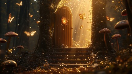 Canvas Print - A magical forest door illuminated by sunlight with butterflies and mushrooms surrounding the entrance at dusk