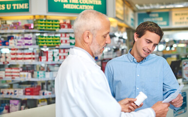 Poster - Pharmacy, customer and pills with people in store for prescription, insurance and medicine. Medical, help and antibiotic consulting with pharmacist in clinic for healthcare, drugstore and dispensary