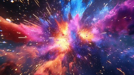 A 3D magical explosion from the core of Kamaha, colorful sparks and glowing particles shooting in all directions, lighting up the abstract surroundings. Dynamic and powerful