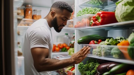 A man examines fresh vegetables in a well-stocked refrigerator in a modern kitchen during the late evening