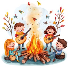 Poster - Watercolor Illustration of Children Playing Music Around a Campfire.