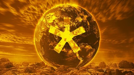 Illuminated earth globe featuring nuclear warning symbol signifying imminent global conflict