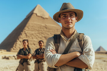 Archaeologist looking into camera with confidence working at Egyptian pyramids, explorer, civilization investigation