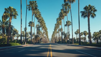 A long road with towering palm trees on both sides, leading to the horizon under a clear blue sky. Soft shadows from the trees stretch across the asphalt