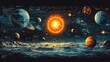 © Premium Resource - Vector design of the solar system with each planet labeled orbiting around a glowing sun set against a dark starry sky showcasing the beauty of space