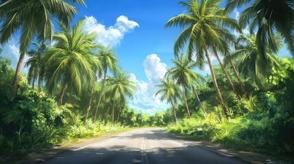 A tropical paradise road lined with towering coconut palms, the road framed by vibrant green vegetation and a bright blue sky with a few scattered clouds