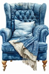 A watercolor illustration of a vintage blue armchair, featuring a soft knitted blanket and pillow, isolated against a white background.