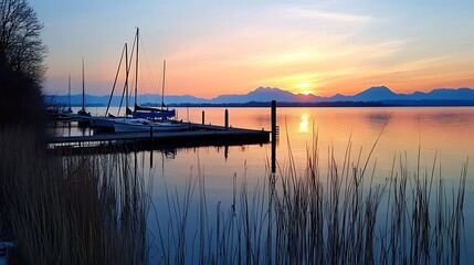 Canvas Print - Peaceful Sunset at the Lake with Sailboats Docked