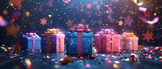 Colorful gifts flying on a dark background with confetti and stars.