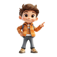 A cheerful young boy character with brown hair, dressed in a stylish orange jacket, casually poses in a fun, animated style.