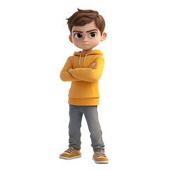 A confident young boy in a yellow hoodie, standing with arms crossed, expressing determination and style.