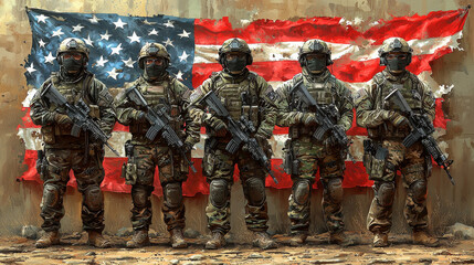 Five soldiers stand in formation in front of an American flag.